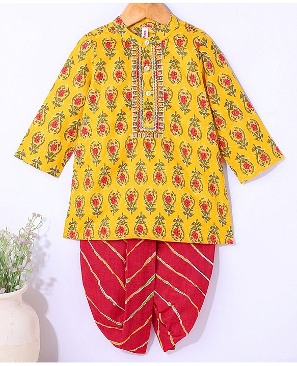 Babyhug 100% Cotton Woven Full Sleeves Floral Print Embroidered Kurta & Dhoti Set - Yellow