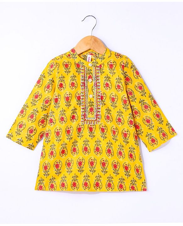 Babyhug 100% Cotton Woven Full Sleeves Floral Print Embroidered Kurta & Dhoti Set - Yellow