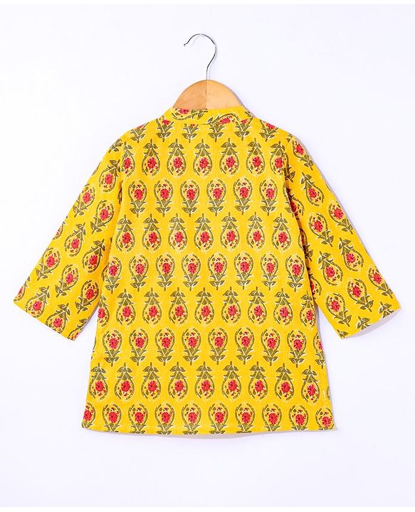 Babyhug 100% Cotton Woven Full Sleeves Floral Print Embroidered Kurta & Dhoti Set - Yellow
