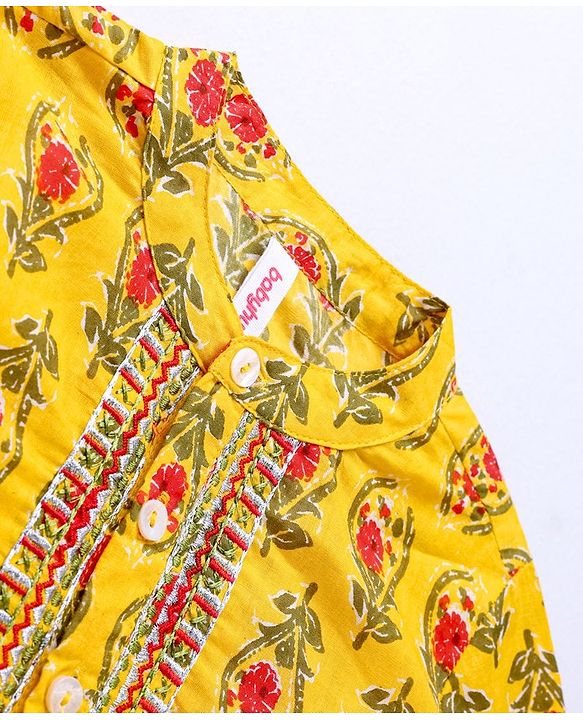 Babyhug 100% Cotton Woven Full Sleeves Floral Print Embroidered Kurta & Dhoti Set - Yellow