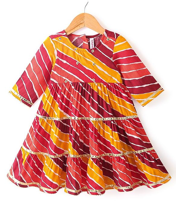 Babyhug Cotton Woven Three Fourth Sleeves Tiered Ethnic Dress  Leheriya Printed  - Yellow & Pink