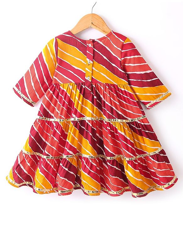 Babyhug Cotton Woven Three Fourth Sleeves Tiered Ethnic Dress  Leheriya Printed  - Yellow & Pink