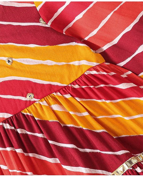 Babyhug Cotton Woven Three Fourth Sleeves Tiered Ethnic Dress  Leheriya Printed  - Yellow & Pink