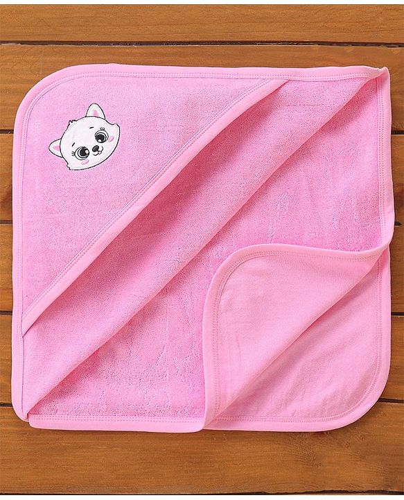 Babyhug Knit Terry Embroidered Hooded Towel Kitten Face Print - Pine