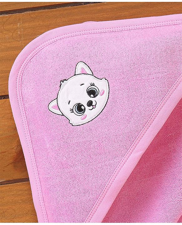 Babyhug Knit Terry Embroidered Hooded Towel Kitten Face Print - Pine