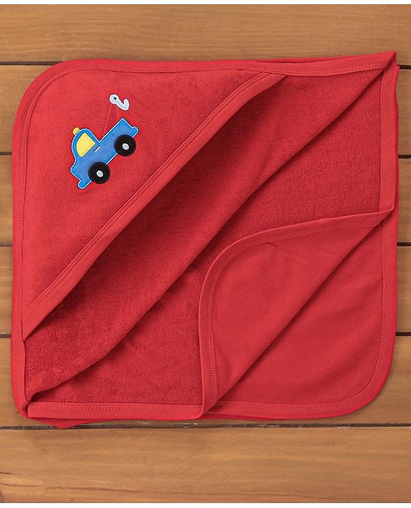 Babyhug Knit Terry Embroidered Hooded Towel Vehicle Print - Red