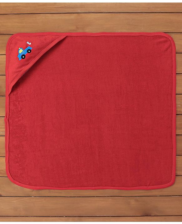 Babyhug Knit Terry Embroidered Hooded Towel Vehicle Print - Red