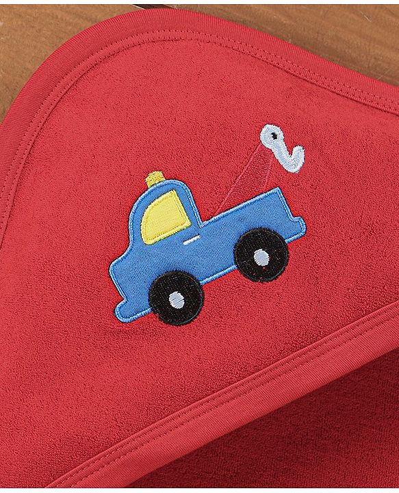 Babyhug Knit Terry Embroidered Hooded Towel Vehicle Print - Red