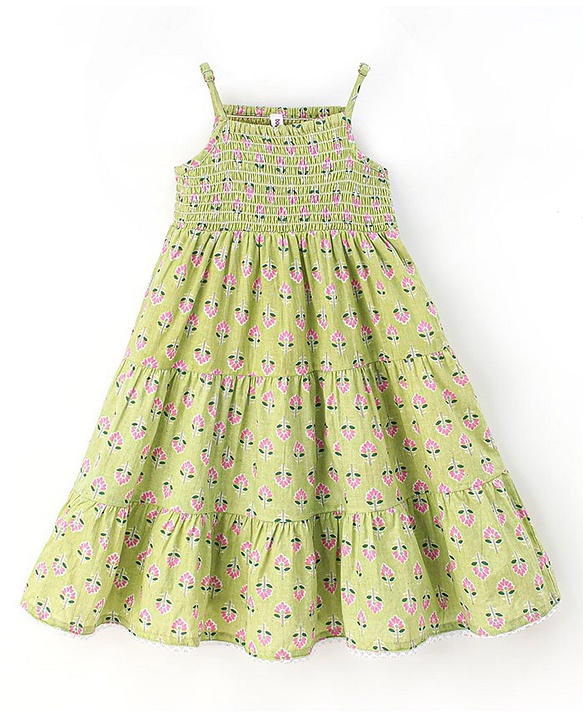 Babyhug 100% Cotton Sleeveless Smocked Tiered Ethnic Dress Floral Print- Green