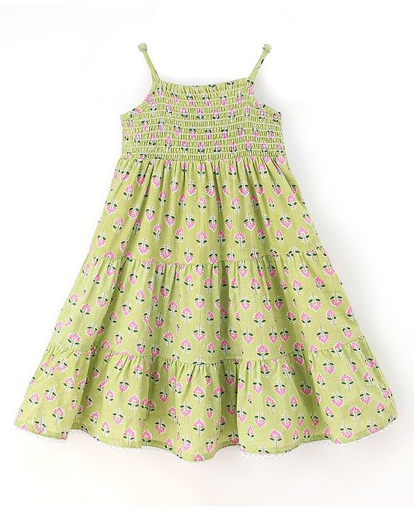 Babyhug 100% Cotton Sleeveless Smocked Tiered Ethnic Dress Floral Print- Green