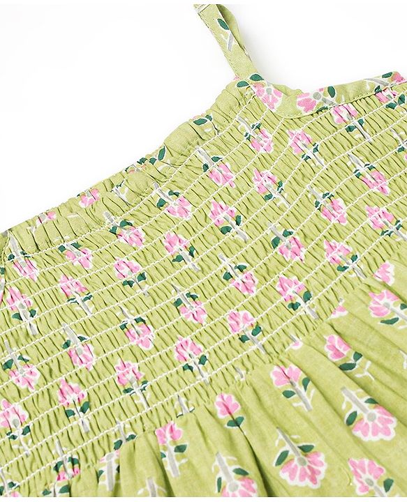 Babyhug 100% Cotton Sleeveless Smocked Tiered Ethnic Dress Floral Print- Green