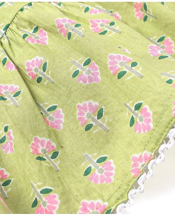 Babyhug 100% Cotton Sleeveless Smocked Tiered Ethnic Dress Floral Print- Green