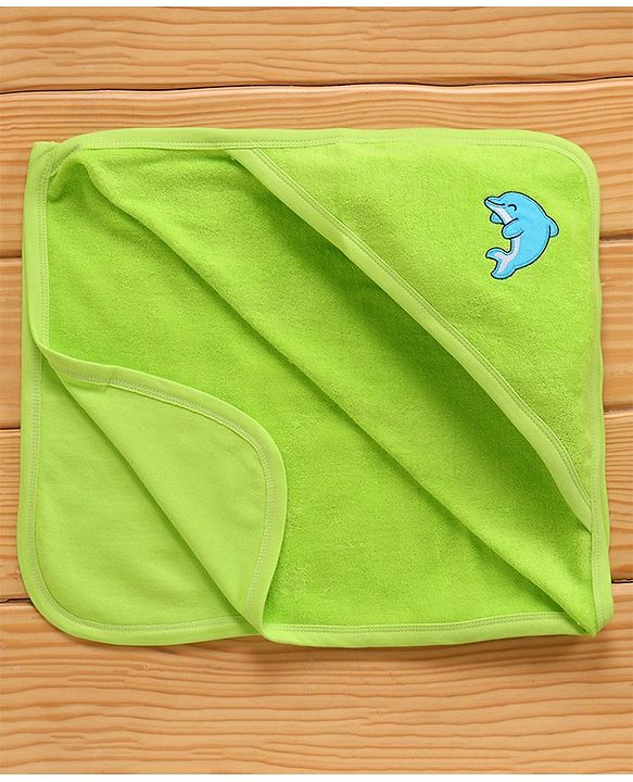 Babyhug Knitted Terry Hooded Towel Dolphin Embroidery - Green