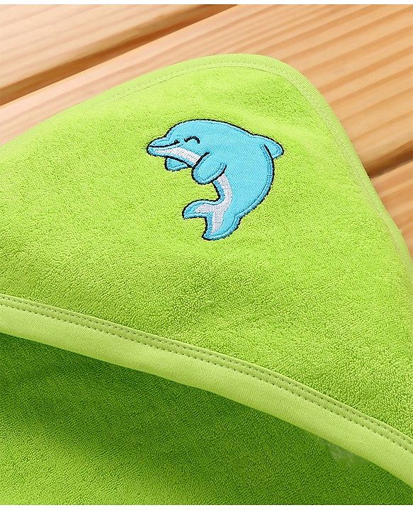 Babyhug Knitted Terry Hooded Towel Dolphin Embroidery - Green