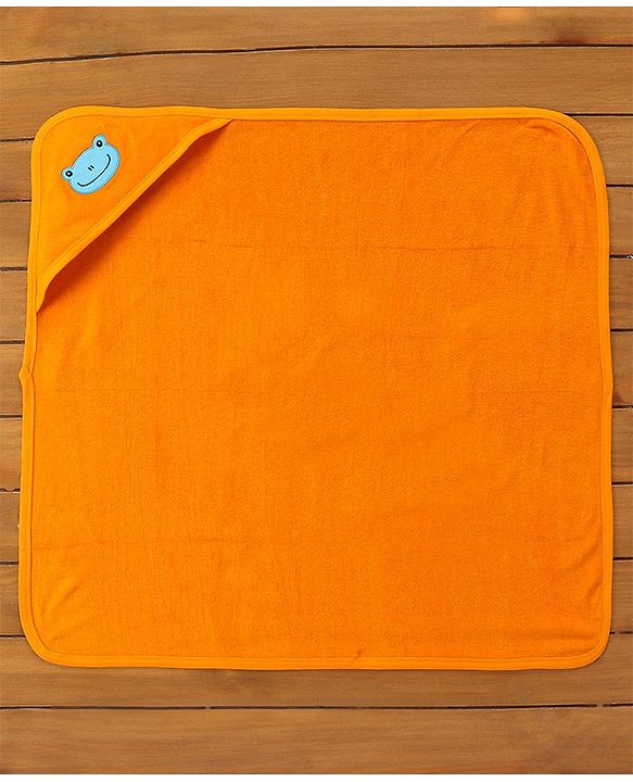 Babyhug Knit Terry Embroidered Hooded Towel Froggy Face Print - Orange
