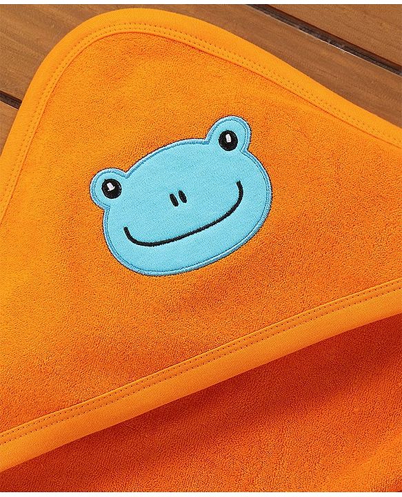 Babyhug Knit Terry Embroidered Hooded Towel Froggy Face Print - Orange
