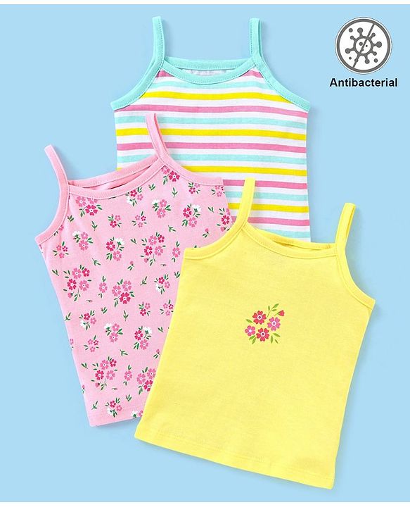 Babyhug 100% Cotton Sleeveless Antibacterial Slips Floral Print Pack of 3 - Yellow & Pink