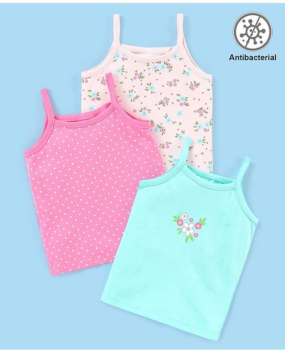 Babyhug 100% Cotton Sleeveless Antibacterial Slips Floral Print Pack of 3 - Pink Beige & Blue