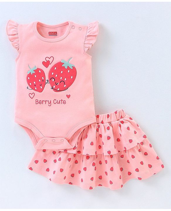 Babyhug 100% Cotton Short Sleeves Onesie with Skirt Strawberry Print - Pink