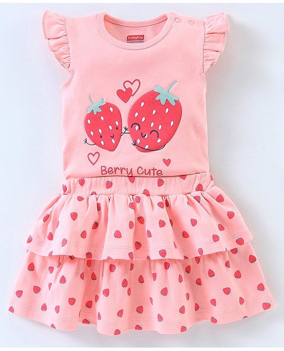 Babyhug 100% Cotton Short Sleeves Onesie with Skirt Strawberry Print - Pink