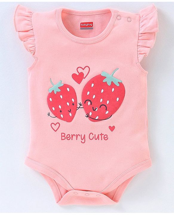 Babyhug 100% Cotton Short Sleeves Onesie with Skirt Strawberry Print - Pink