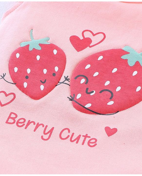 Babyhug 100% Cotton Short Sleeves Onesie with Skirt Strawberry Print - Pink
