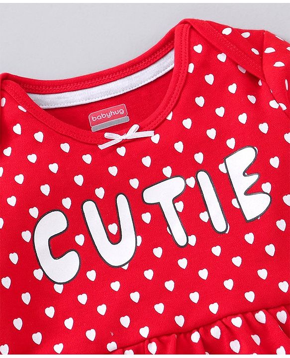 Babyhug Cotton Full Sleeves Onesie with Full Length Leggings Hearts & Text Print- Red & White