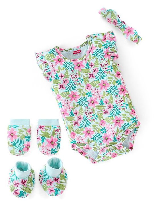 Babyhug 100% Cotton Sleeveless Floral Printed Onesies with Hairband and Mittens Booties - Multicolour