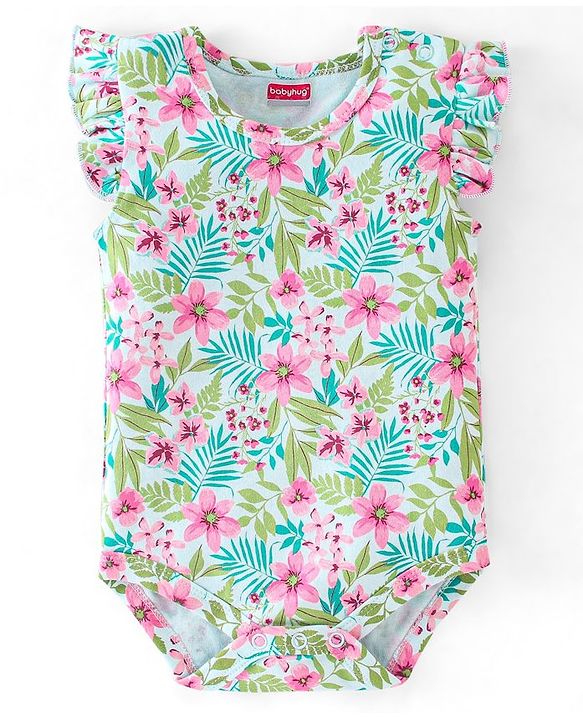 Babyhug 100% Cotton Sleeveless Floral Printed Onesies with Hairband and Mittens Booties - Multicolour