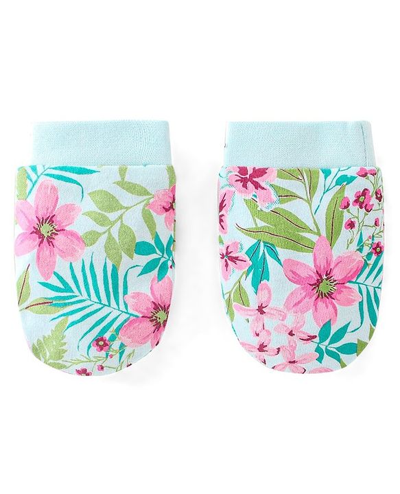 Babyhug 100% Cotton Sleeveless Floral Printed Onesies with Hairband and Mittens Booties - Multicolour