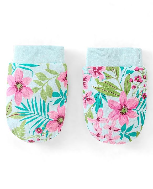 Babyhug 100% Cotton Sleeveless Floral Printed Onesies with Hairband and Mittens Booties - Multicolour