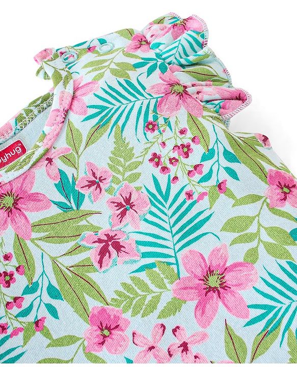 Babyhug 100% Cotton Sleeveless Floral Printed Onesies with Hairband and Mittens Booties - Multicolour