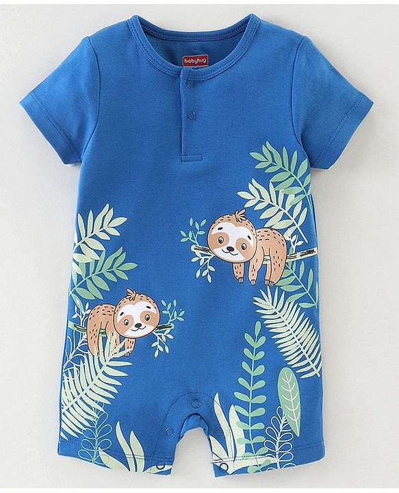Babyhug 100% Cotton Half Sleeves Romper Sloth Print - Blue