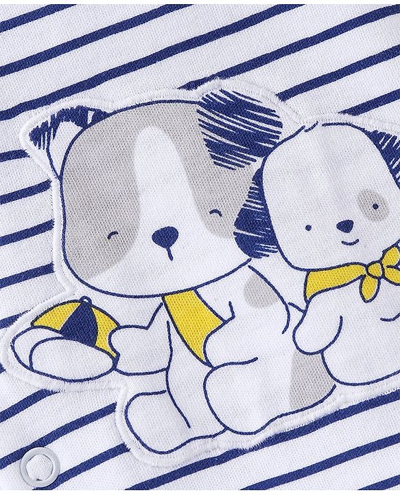 Babyhug 100% Cotton Half Sleeves Romper Striped & Puppy Applique - White
