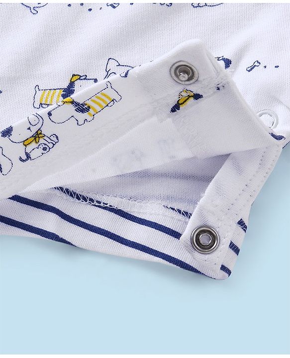 Babyhug 100% Cotton Half Sleeves Romper Striped & Puppy Applique - White