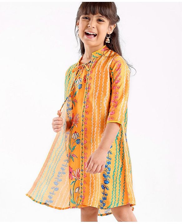 Babyhug 100% Cotton Woven Ethnic Dress with Full Sleeves Shrug Floral Print - Yellow