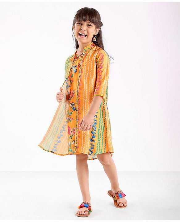 Babyhug 100% Cotton Woven Ethnic Dress with Full Sleeves Shrug Floral Print - Yellow
