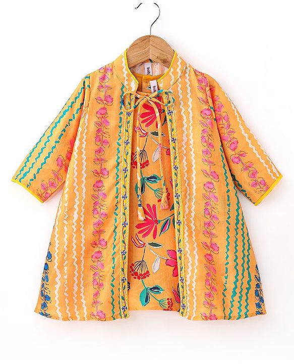 Babyhug 100% Cotton Woven Ethnic Dress with Full Sleeves Shrug Floral Print - Yellow