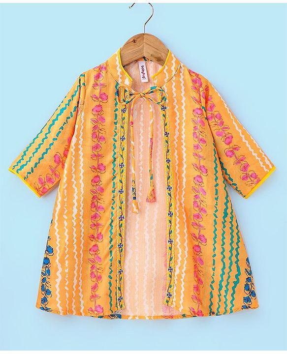 Babyhug 100% Cotton Woven Ethnic Dress with Full Sleeves Shrug Floral Print - Yellow