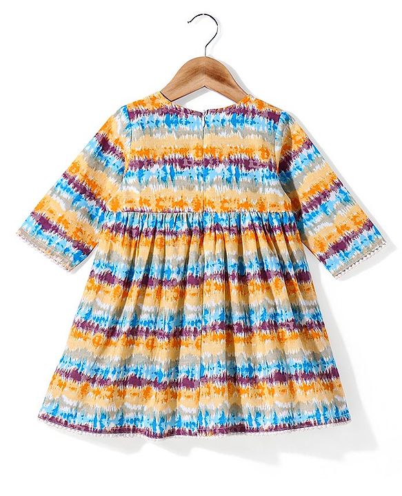Babyhug 100% Cotton Three Fourth Sleeves Angarakha Ethnic Dress Tie Dye Print- Off White