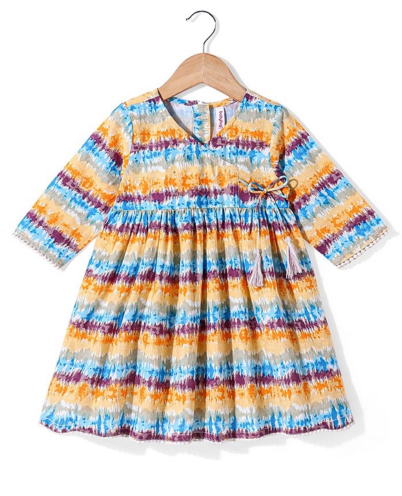 Babyhug 100% Cotton Three Fourth Sleeves Angarakha Ethnic Dress Tie Dye Print- Off White