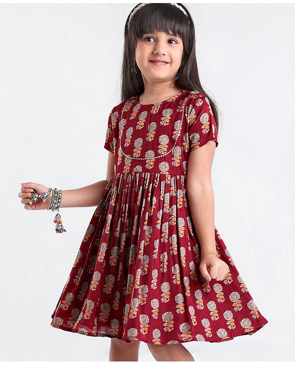 Babyhug Woven Half Sleeves Ethnic Dress Floral Print - Magenta