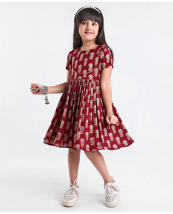 Babyhug Woven Half Sleeves Ethnic Dress Floral Print - Magenta