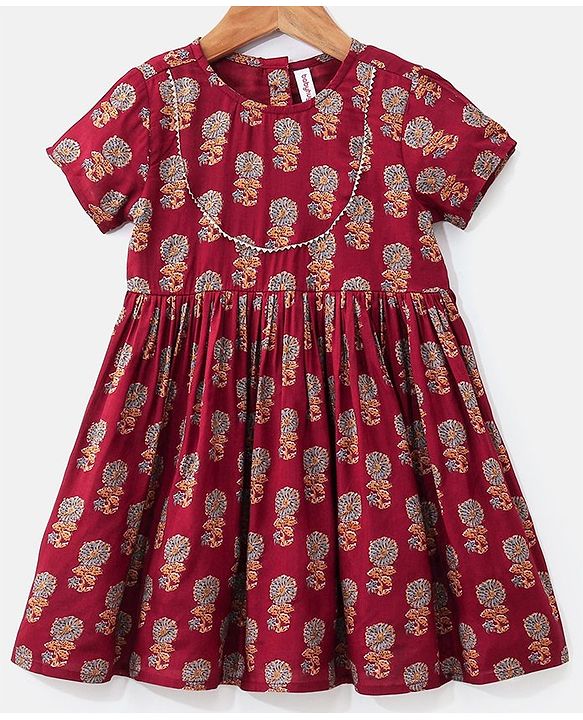 Babyhug Woven Half Sleeves Ethnic Dress Floral Print - Magenta