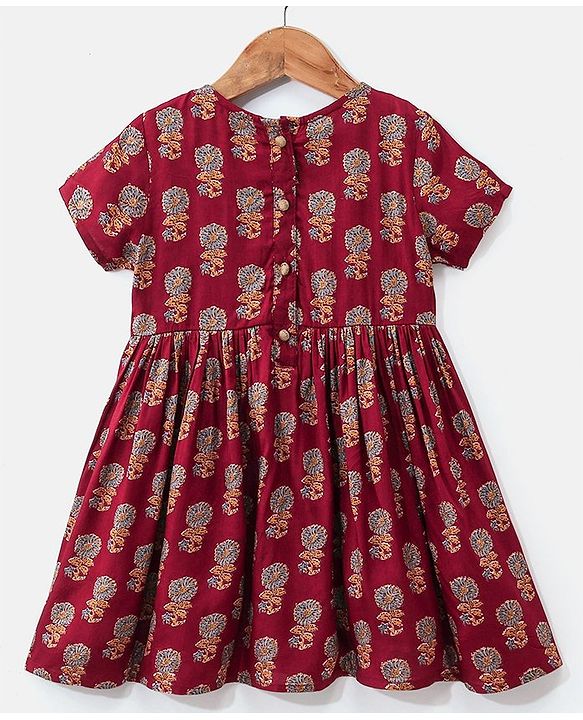 Babyhug Woven Half Sleeves Ethnic Dress Floral Print - Magenta