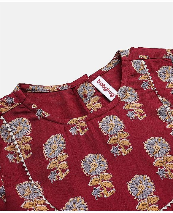 Babyhug Woven Half Sleeves Ethnic Dress Floral Print - Magenta
