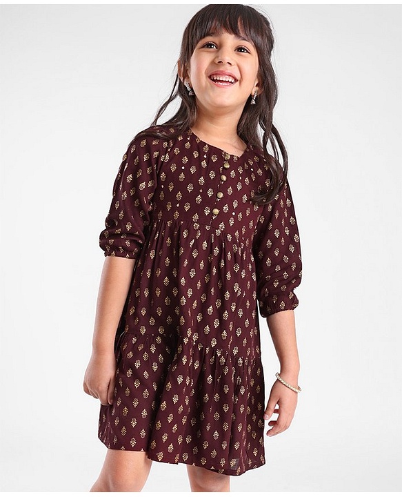 Babyhug Woven Full Sleeves Ethnic Dress Foil Printed - Magenta