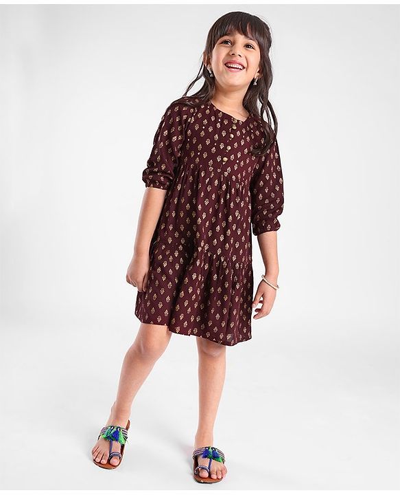 Babyhug Woven Full Sleeves Ethnic Dress Foil Printed - Magenta