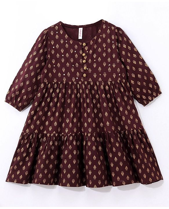 Babyhug Woven Full Sleeves Ethnic Dress Foil Printed - Magenta