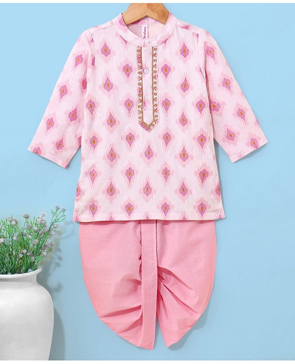Babyhug 100% Cotton Kurta With Dhoti Embroidery Design - Pink